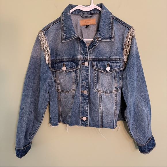 Blank NYC Denim Jacket woman’s size L embellishments raw hem cropped jean - Picture 1 of 12